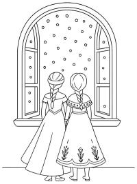 Elsa och Anna tittar på snöfallet